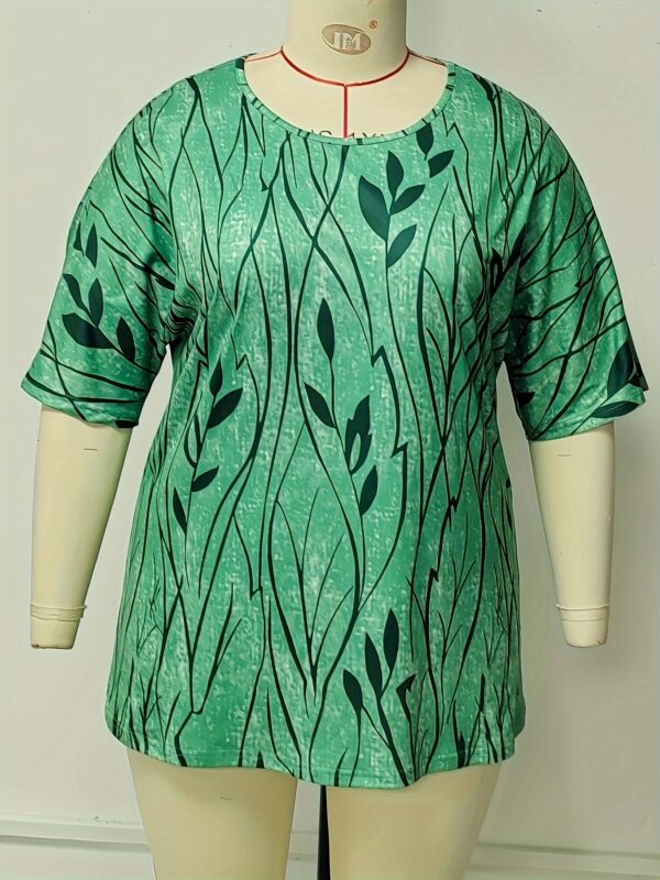 Plus Size Boho T-shirt, Women's Plus Graphic Print Short Sleeve Round Neck Medium Stretch T-shirt - Image 6