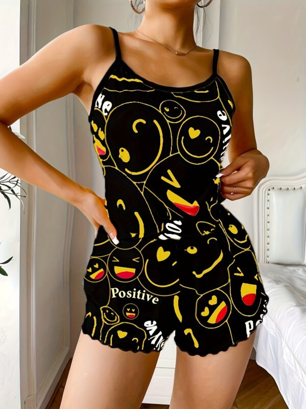Smiling Face Print Pajama Set, Cute Round Neck Backless Cami Top & Elastic Shorts, Women's Sleepwear - Image 8