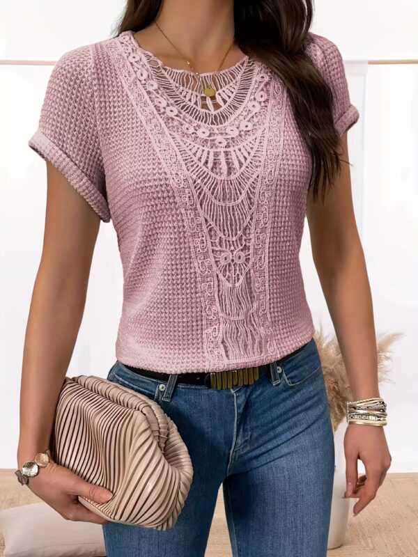 Comfortable Lace Splicing Crew Neck T-shirt, Casual Short Sleeve Top for Spring & Summer, Women's Clothing - Image 3