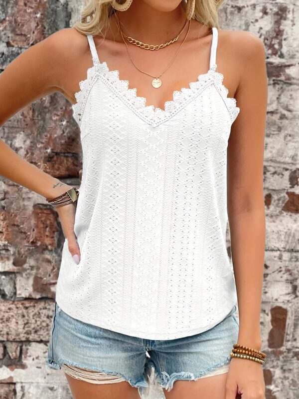 Eyelet Contrast Lace Cami Top, Casual V-neck Spaghetti Strap Top For Summer, Women's Clothing For Coquette/Cute/Y2K Style