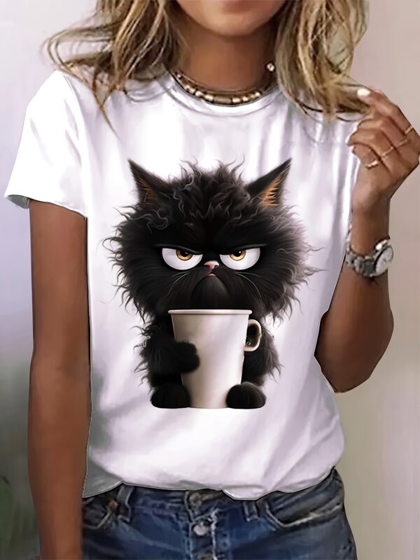 Cat Print T-shirt, Casual Short Sleeve Crew Neck Top For Spring & Summer, Women's Clothing - Image 3