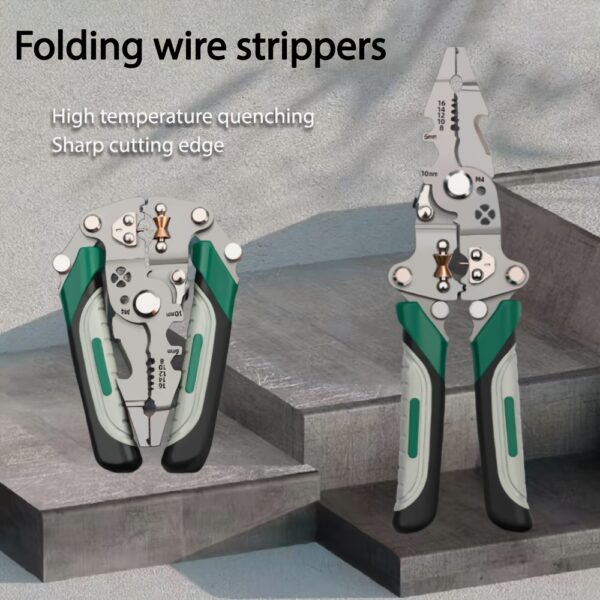 Foldable Multi-Tool Pliers for Electricians - Durable High Carbon Steel with Wire Strippers, Cutters, and Crimper - Compact Design for On-the-Go Electrical Work - Green & Gray Handles, Versatile Strippers | Ergonomic Handles | Multifunctional Tool - Image 11