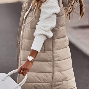 Button Front Hooded Coat, Casual Sleeveless Long Length Outerwear, Women's Clothing