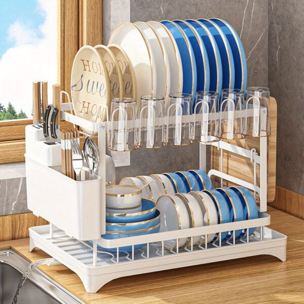 1pc Dish Drying Rack for Kitchen Counter Over The Sink, Detachable Larger Capacity 2-Tier Dish Drying Rack Drainboard with Double-Layer Bowl Rack, Cup Rack, Drain Board, Sticky Board Rack, Cutlery Rack, Black & White - Image 7
