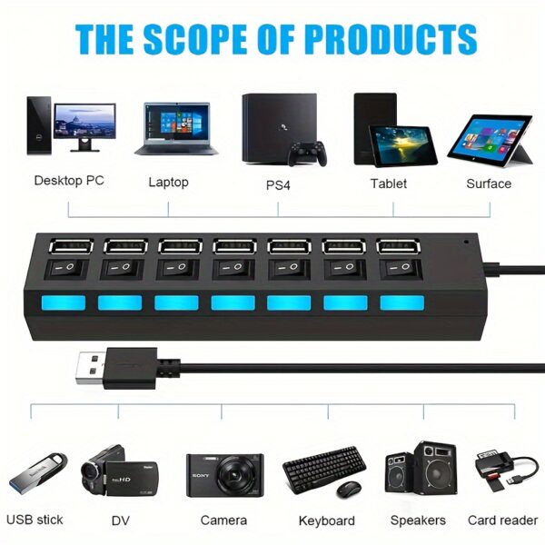 High Speed 4/7ports USB Splitter Hub USB Hub 2.0 Use Power Adapter USB 2.0 Multiple Expander Switch Hub Docking Stations 30CM Cable - Image 4
