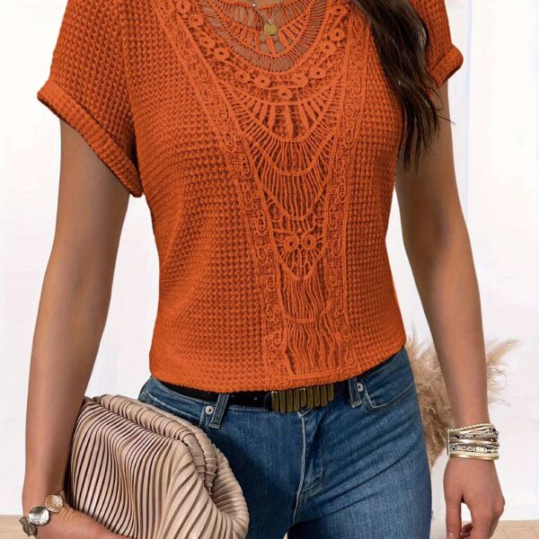 Comfortable Lace Splicing Crew Neck T-shirt, Casual Short Sleeve Top for Spring & Summer, Women's Clothing - Image 11