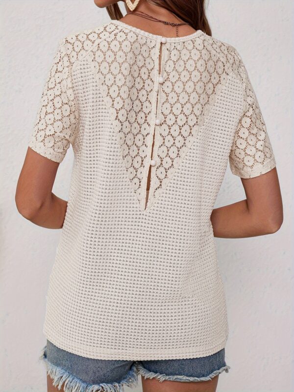 Feminine Chic Contrast Lace T-Shirt with Intricate Hollow Out - Short Sleeve V-Neck for Spring & Summer - Breathable Casual Wear for Women - Image 2