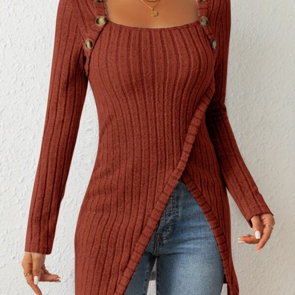 Square Neck Slim Fit Knit Button Decor Slit Hem Slim Fit Casual Long Sleeve T-shirt - Image 19