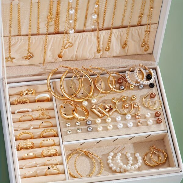 86psc/set Luxurious Middle Eastern Jewelry Set, Vintage & Bohemian Style, Butterfly Heart Faux Pearl Bead Leaf Floral Knot Wide Band Pendant Necklace + Rings + Earrings + Studs, Gift Box For Party, Holiday, Date Night And Everyday Wear