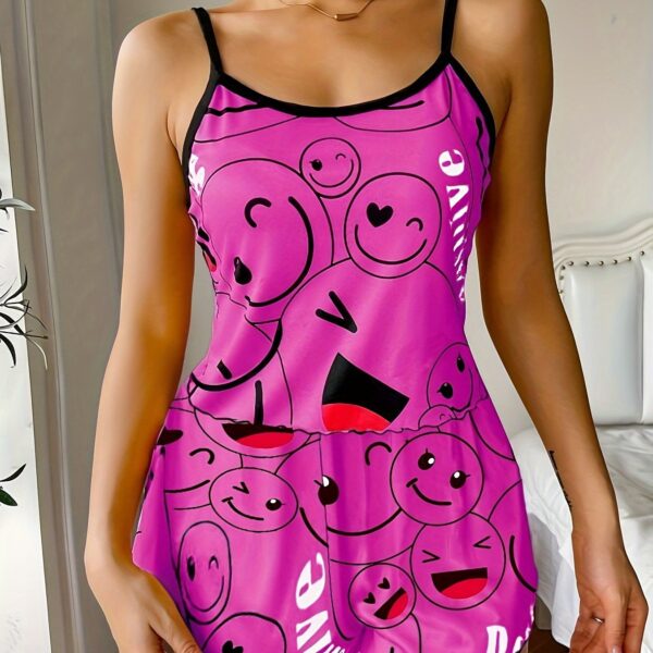 Smiling Face Print Pajama Set, Cute Round Neck Backless Cami Top & Elastic Shorts, Women's Sleepwear - Image 13
