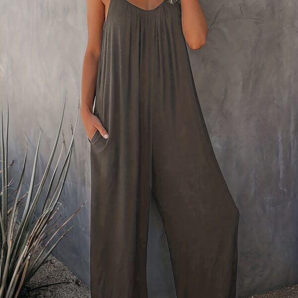 Women'S Light Blue Sleeveless Jumpsuit with Pockets - Casual Polyester Knit Fabric, V-Neck, Summer 2023, Beach Coverup, Beach Coverup Jumpsuit | Casual Style Jumpsuit | Knit Construction - Image 15