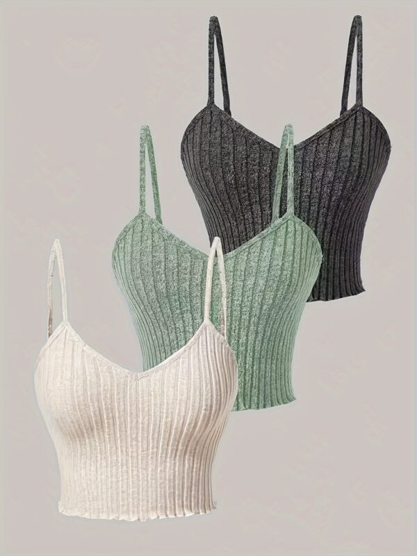 3pcs Ribbed Spaghetti Strap Tank Top, Casual Sleeveless Tank Top For Summer, Women's Clothing - Image 3