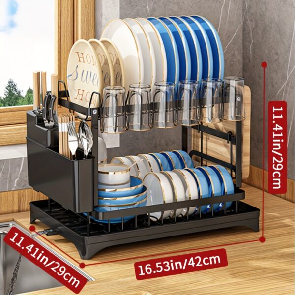 1pc Dish Drying Rack for Kitchen Counter Over The Sink, Detachable Larger Capacity 2-Tier Dish Drying Rack Drainboard with Double-Layer Bowl Rack, Cup Rack, Drain Board, Sticky Board Rack, Cutlery Rack, Black & White - Image 4