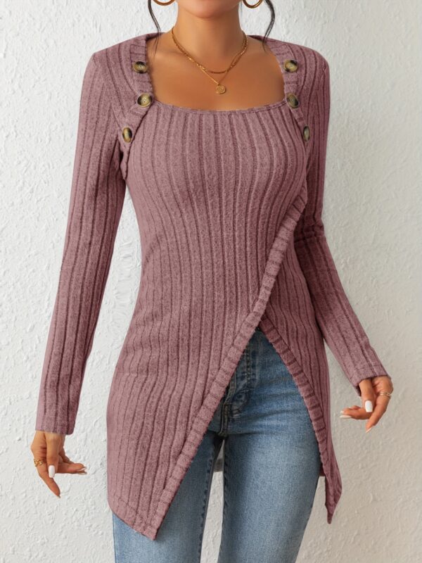 Square Neck Slim Fit Knit Button Decor Slit Hem Slim Fit Casual Long Sleeve T-shirt - Image 4
