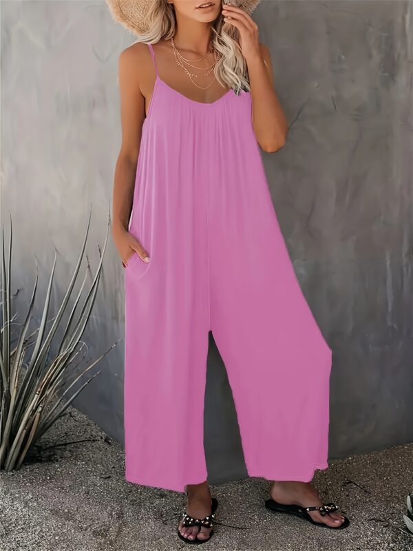 Women'S Light Blue Sleeveless Jumpsuit with Pockets - Casual Polyester Knit Fabric, V-Neck, Summer 2023, Beach Coverup, Beach Coverup Jumpsuit | Casual Style Jumpsuit | Knit Construction - Image 7