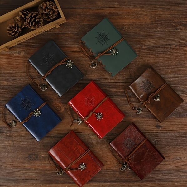 Vintage Leather Journal Notebook with Matte Finish and Plain Pages - Antique Pirate-Themed Nautical Compass Design Hardcover Writing Diary with Metal Clasp Closure and Spiral Ring Binder - Image 5