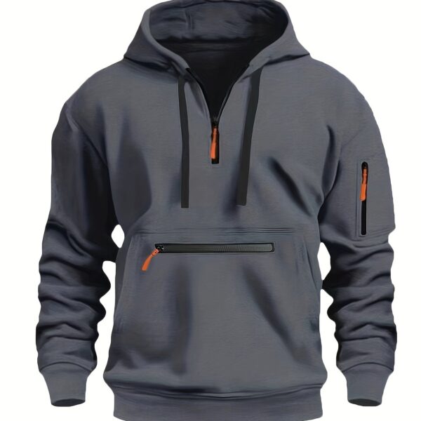 Men's Cozy Solid Color Long Sleeve Hooded Sweatshirt - Soft Casual Wear for Fall/Winter - Kangaroo Pocket, Half-Zip Design, Daily Wear Essential - Image 14