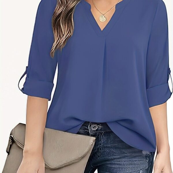 Chic Solid V-Neck Blouse - Fashionable simplicity for Women - Relaxed Casual Long Sleeve Style - Image 22