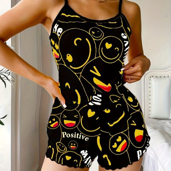 Smiling Face Print Pajama Set, Cute Round Neck Backless Cami Top & Elastic Shorts, Women's Sleepwear - Image 14