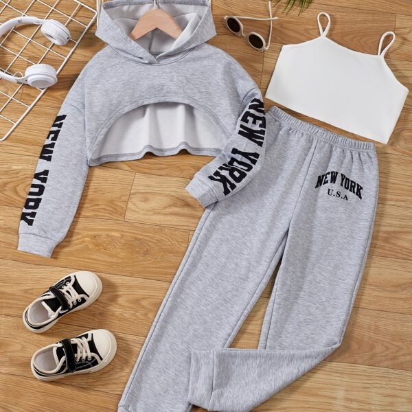 3pcs Girl's Crop Hoodie & Cami Top & Sweatpants Set, NEW YORK Print, Long Sleeve, Casual, Trendy Outfit for Spring Fall Winter - Image 11