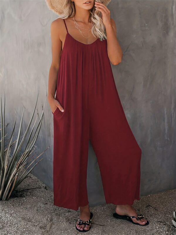 Women'S Light Blue Sleeveless Jumpsuit with Pockets - Casual Polyester Knit Fabric, V-Neck, Summer 2023, Beach Coverup, Beach Coverup Jumpsuit | Casual Style Jumpsuit | Knit Construction - Image 3