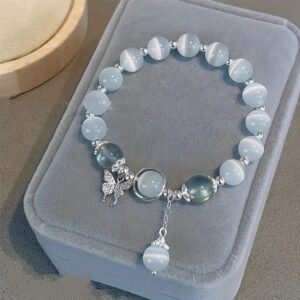 1pc Whimsical Feline Glass Cat Eye Stone Beaded Charm Bracelet - Delicate Butterfly Accent, Dainty Wrist Adornment, Perfect Gift for Cat Lovers and Fashionistas