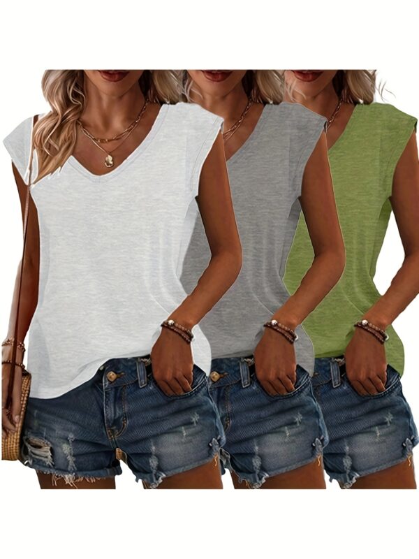 3pcs Women's Casual V-Neck Short Sleeve T-Shirts - Lightweight Summer Tops in Pink, Blue, Grey | Breathable Solid Color Tees for Casual Attire, Relaxed Fit Clothing, Versatile Fashion, Soft Texture, Warm Weather Outfits, Simple Design, Comfortable Materia - Image 5