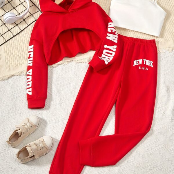 3pcs Girl's Crop Hoodie & Cami Top & Sweatpants Set, NEW YORK Print, Long Sleeve, Casual, Trendy Outfit for Spring Fall Winter - Image 12