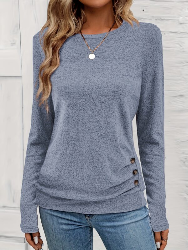 Elegant Long Sleeve Top with Button Detail - Chic Knit, Versatile Solid, Stretch Comfort & Easy Care for Spring/Fall - Image 6