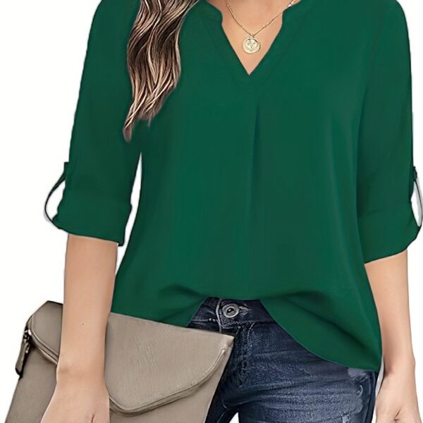 Chic Solid V-Neck Blouse - Fashionable simplicity for Women - Relaxed Casual Long Sleeve Style - Image 21