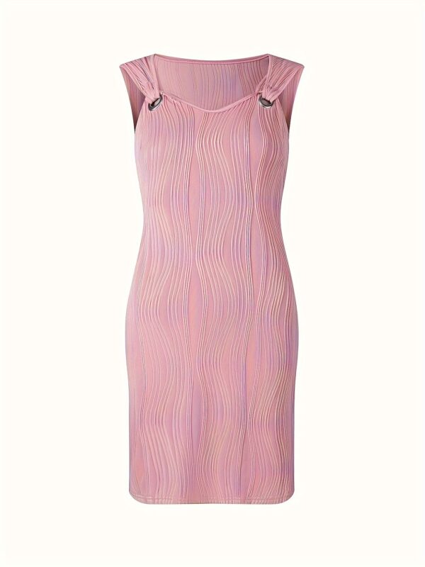 Wavy Stripe Solid Dress, Casual V Neck Sleeveless Mini Dress, Women's Clothing - Image 8