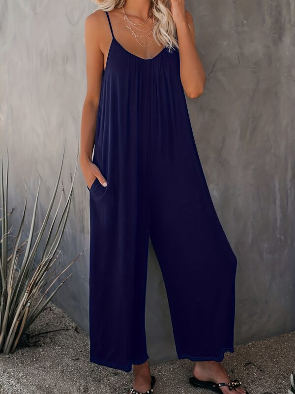 Women'S Light Blue Sleeveless Jumpsuit with Pockets - Casual Polyester Knit Fabric, V-Neck, Summer 2023, Beach Coverup, Beach Coverup Jumpsuit | Casual Style Jumpsuit | Knit Construction - Image 9