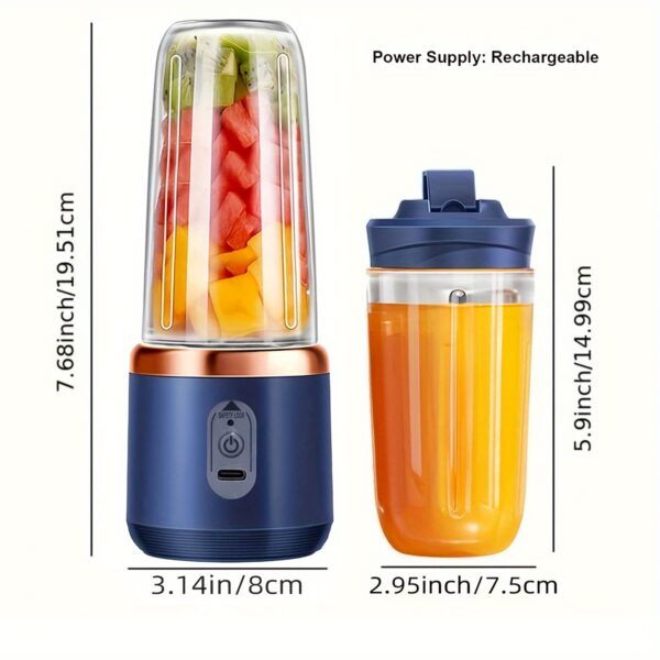 400ml Portable Electric Juicer Blender Cup, Wireless Rechargeable Mini Juice Mixer with 6-Blade Dual Cup for Smoothies, Vegetables, and Fruits, Push Button Control, USB-C Charging, Food-Grade ABS, Non-Heating, 1500mAh Lithium Battery - Image 4