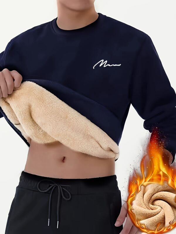 Men's Winter Warm Fleece-Lined Crew Neck Sweatshirt - Casual Black Long Sleeve with "MOM" Embroidery, Machine Washable, Cozy Polyester Fabric - Image 8