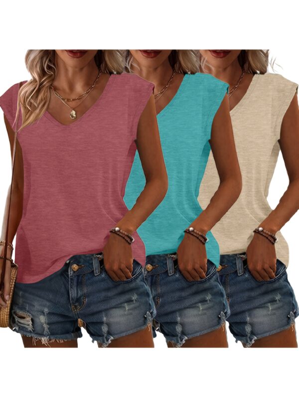 3pcs Women's Casual V-Neck Short Sleeve T-Shirts - Lightweight Summer Tops in Pink, Blue, Grey | Breathable Solid Color Tees for Casual Attire, Relaxed Fit Clothing, Versatile Fashion, Soft Texture, Warm Weather Outfits, Simple Design, Comfortable Materia - Image 2