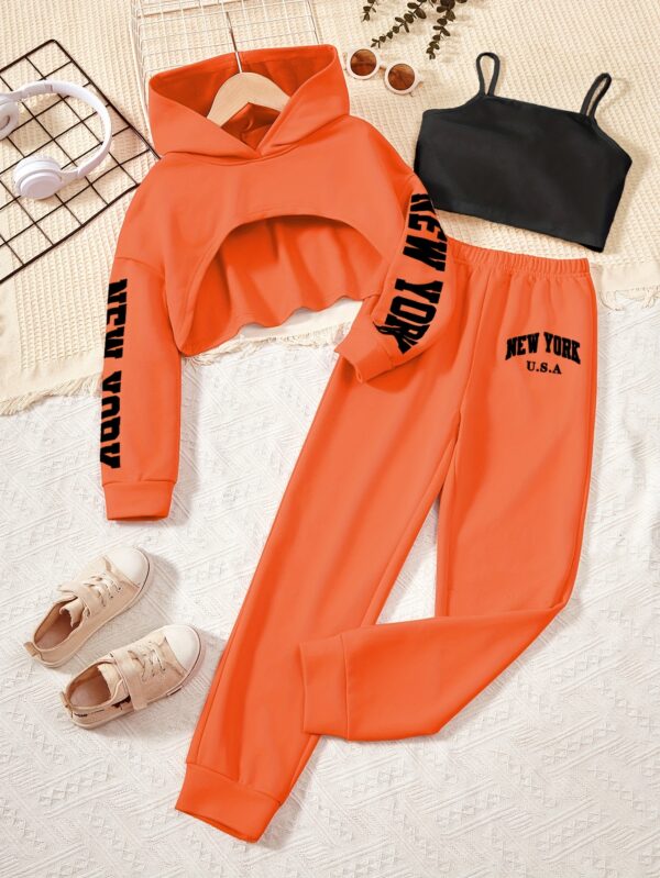 3pcs Girl's Crop Hoodie & Cami Top & Sweatpants Set, NEW YORK Print, Long Sleeve, Casual, Trendy Outfit for Spring Fall Winter - Image 5