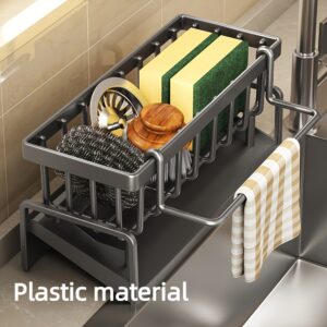 1pc Multifunctional Plastic Dish Cloth and Sponge Holder Rack - Space-Saving Storage with Drip Tray, Rust-Resistant Drainage Stand, and Soap Dispenser Holder - Black Kitchen Sink Caddy Organizer for Home and Kitchen