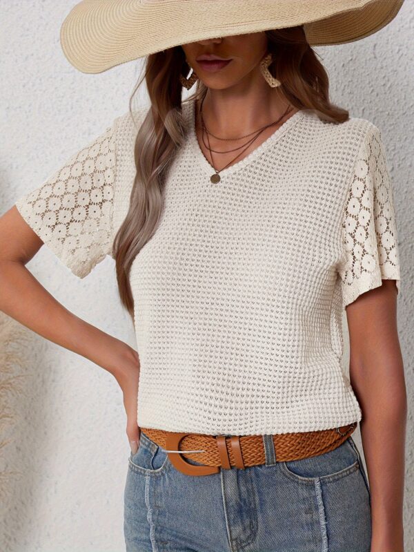Feminine Chic Contrast Lace T-Shirt with Intricate Hollow Out - Short Sleeve V-Neck for Spring & Summer - Breathable Casual Wear for Women - Image 4
