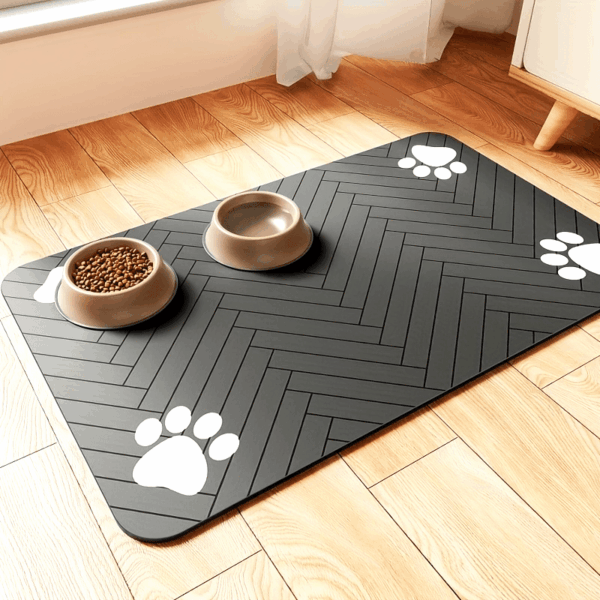 1pc Fast-Drying Diatomaceous Earth Pet Feeding Mat – Splash-Proof, Absorbent, Easy to Clean for Dogs and Cats, Herringbone Pattern with Paw Print Design, Black, Pet Feeding Mats Washable - Image 12