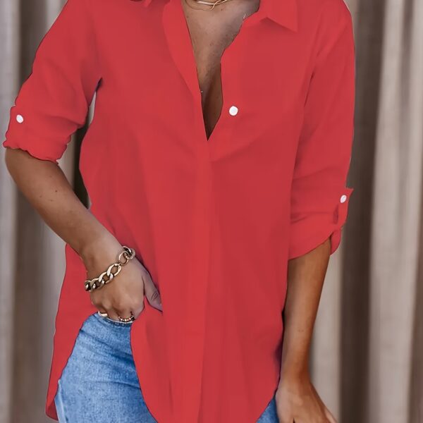 Solid Button Front Shirt, Casual Turn Down Collar Office Work Shirt, Women's Clothing - Image 12