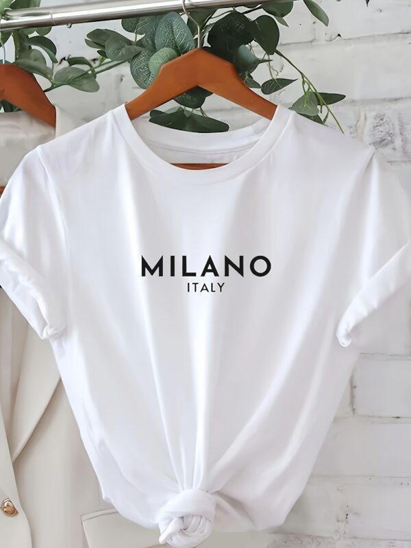 Milano Letter Print T-shirt, Casual Crew Neck Short Sleeve Top For Spring & Summer, Women's Clothing - Image 3