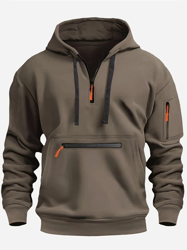 Men's Cozy Solid Color Long Sleeve Hooded Sweatshirt - Soft Casual Wear for Fall/Winter - Kangaroo Pocket, Half-Zip Design, Daily Wear Essential - Image 4