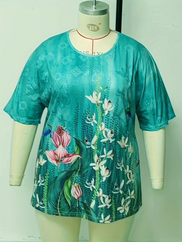Plus Size Boho T-shirt, Women's Plus Graphic Print Short Sleeve Round Neck Medium Stretch T-shirt - Image 10