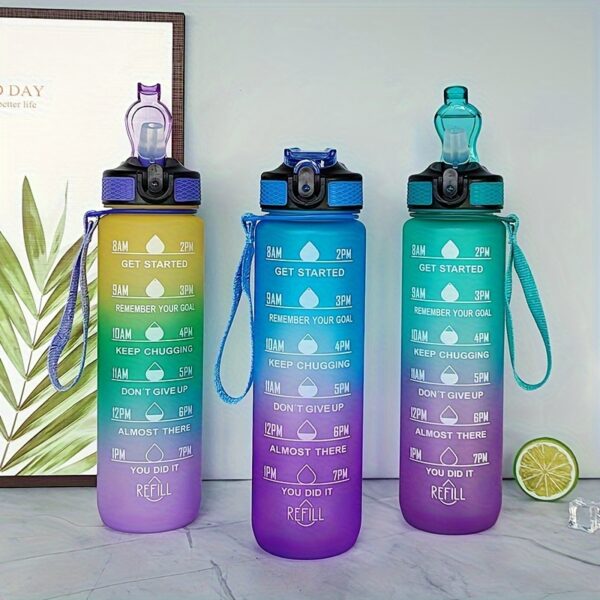 1pc 1000ml/33.81oz Gradient Color Water Bottle With Time Marker, Leakproof Flip Top Straw Drinking Cup, With Carrying Strap, Suitable For Fitness, Yoga, Hiking, Sports - Image 2