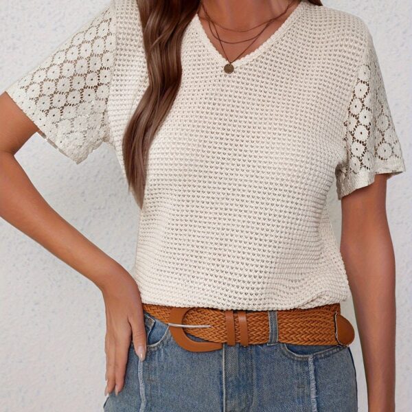 Feminine Chic Contrast Lace T-Shirt with Intricate Hollow Out - Short Sleeve V-Neck for Spring & Summer - Breathable Casual Wear for Women - Image 6