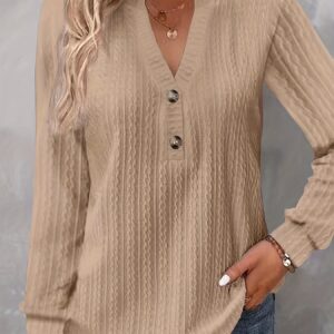 Plus Size Casual Top, Women's Plus Solid Cable Long Sleeve Button Decor V Neck Slight Stretch Top