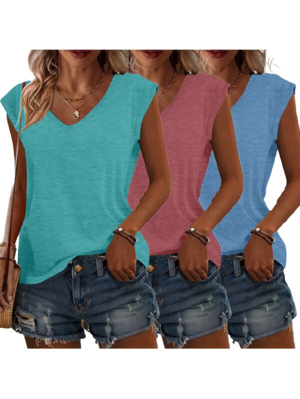 3pcs Women's Casual V-Neck Short Sleeve T-Shirts - Lightweight Summer Tops in Pink, Blue, Grey | Breathable Solid Color Tees for Casual Attire, Relaxed Fit Clothing, Versatile Fashion, Soft Texture, Warm Weather Outfits, Simple Design, Comfortable Materia - Image 4