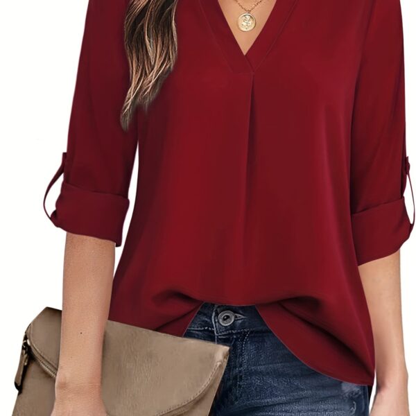 Chic Solid V-Neck Blouse - Fashionable simplicity for Women - Relaxed Casual Long Sleeve Style - Image 14