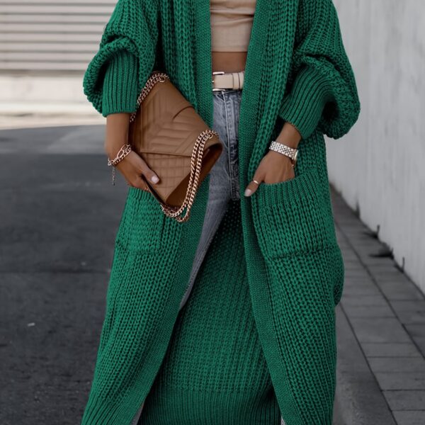 Solid Open Front Pocket Cardigan, Casual Long Sleeve Long Length Sweater For Fall & Winter, Women's Clothing - Image 18