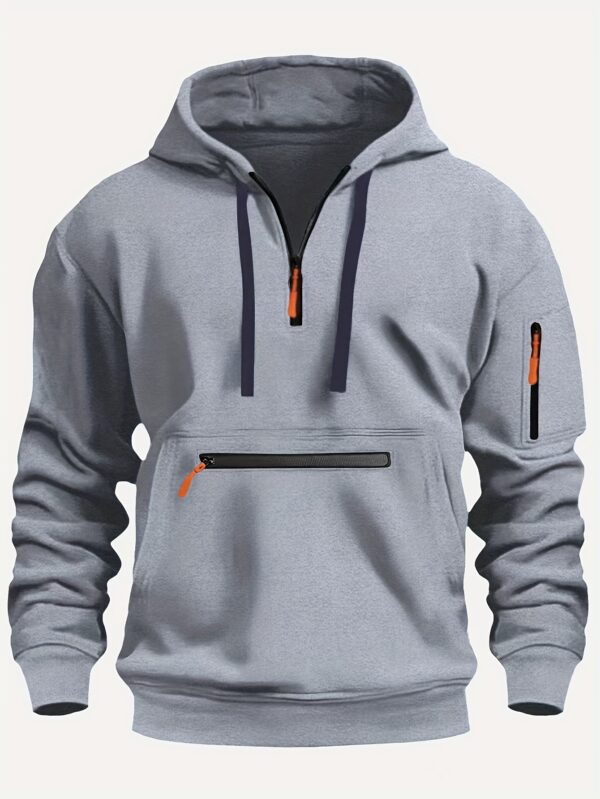 Men's Cozy Solid Color Long Sleeve Hooded Sweatshirt - Soft Casual Wear for Fall/Winter - Kangaroo Pocket, Half-Zip Design, Daily Wear Essential - Image 2